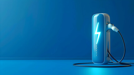 Modern electric vehicle charging station with a bright blue background and a visible power cord