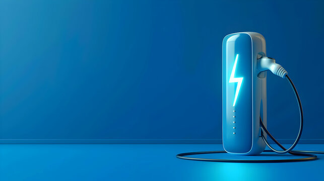 Modern electric vehicle charging station with a bright blue background and a visible power cord