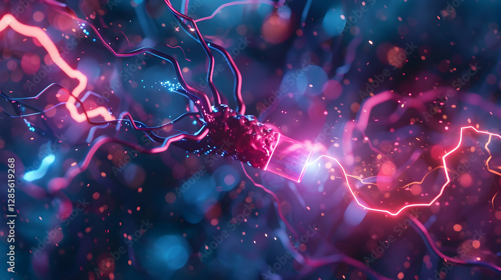 Poster abstract representation of neural connections with vibrant colors and glowing particles in a digital