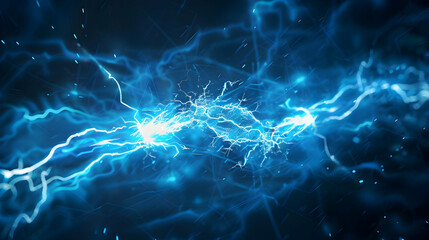 Electric blue lightning bolts crackle across a dark background, creating a dynamic energy scene