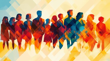 Abstract illustration of diverse group of people created with vibrant geometric patterns and warm colors conveying teamwork and unity