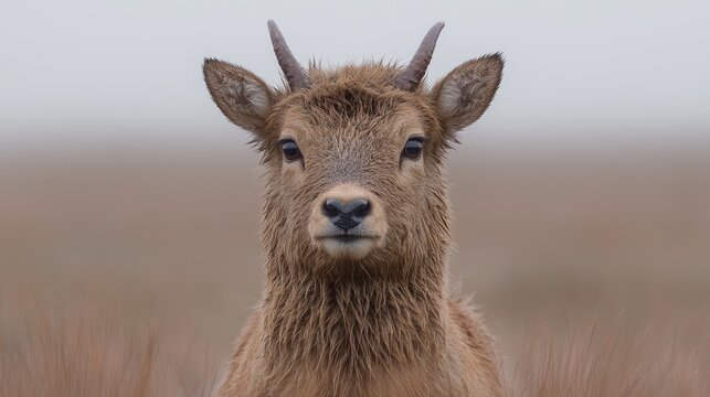 Young milu deer calf with small horns looks directly at the camera in a misty field during an overcast day.