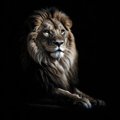 Fototapeta premium A close-up portrait of a majestic male lion with a large, full mane against a dark background