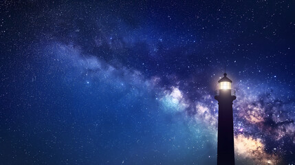 Lighthouse Glowing Under the Spectacular Milky Way Galaxy at Night

