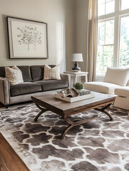 Stylish Neutral Living Room with Elegant Furniture Natural Light Brimming Through Large Windows : Generative AI