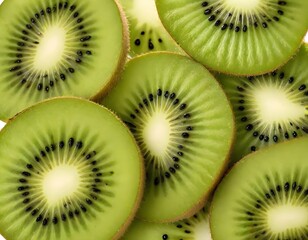 Sliced kiwi fruit, showing the bright green flesh and black seeds