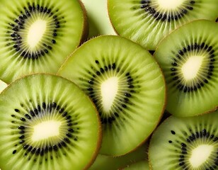 Sliced kiwi fruit, showing the bright green flesh and black seeds