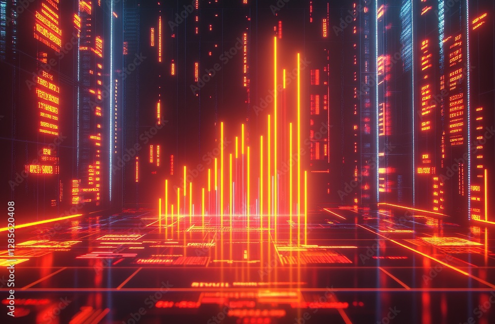 Poster visualizing data streams: abstract neon lines displaying dynamic information flow in a futuristic di