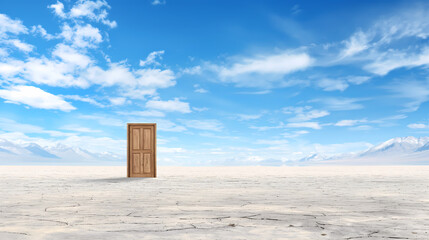 Mysterious Wooden Door Standing Alone in a Vast, Empty Desert Under Blue Sky

