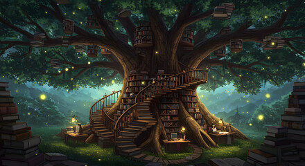 Fototapeta premium Enchanted Tree Library: A Whimsical Nighttime Reading Nook Under the Stars