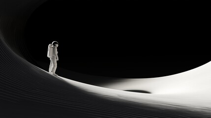 Astronaut exploring a surreal black and white landscape with futuristic design and abstract shapes reminiscent of alien terrain