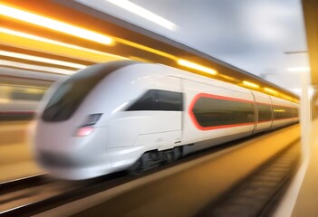 Naklejka premium A high-speed train traveling at a fast speed on a railway track, with blurred motion in the background