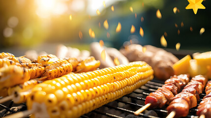 Sizzling Summer BBQ Grill with Corn and Skewers, Golden Sunlight & Falling Sparks

