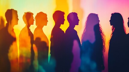 Silhouettes of diverse people standing in a vibrant, colorful light.