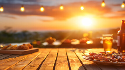 Cozy Outdoor Dinner Table at Sunset, String Lights & Golden Hour Glow

