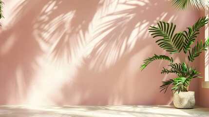 Sunlit indoor space with pink wall and lush green plants casting shadows on the floor