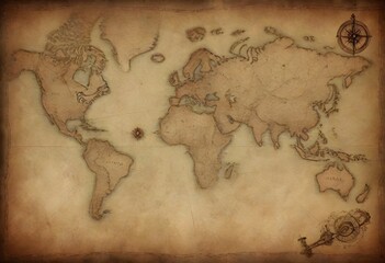 Obraz premium An old, weathered map with faded details and compass roses, suggesting an antique style