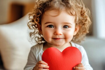 Grin face cute baby girl with big paper heart in hands. Valentine's day greeting and funny gift. Affectionate hug. Heartfelt family moment. Red heart backdrop. Love celebration. Cute baby lo.