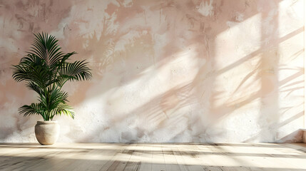 A serene indoor space featuring a potted plant against a textured pink wall with sunlight shadows