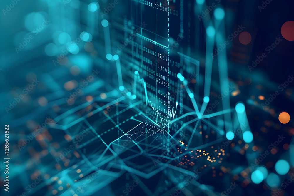 Poster abstract digital data visualization with glowing lines and graphs representing analytics trends