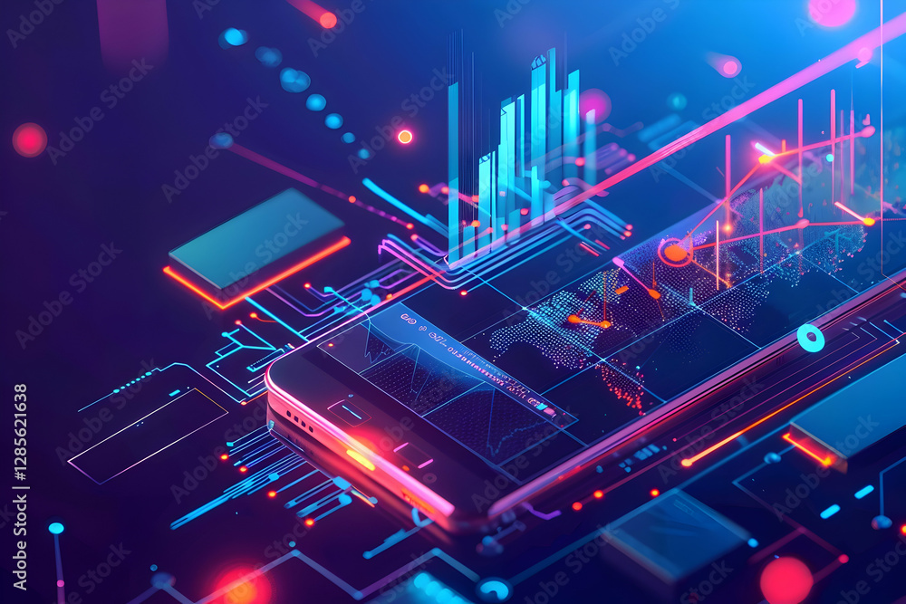 Poster futuristic smartphone with data visualization on a digital circuit board background