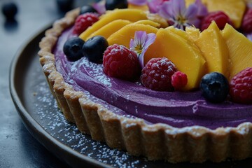A detailed close-up of a purple fruit tart with a flaky crust, topped with fresh mango, blueberries, raspberries, edible flowers, and powdered sugar.