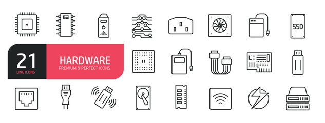 Set of line icons related to  processor, cable adapter, memory card, power bank. Outline icons collection. Editable stroke. Vector illustration.