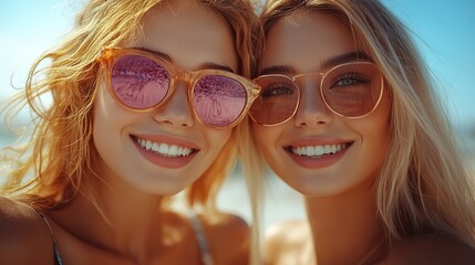 Happy young women enjoy summer vibes and friendship, experiencing the excitement of summer sale shopping together