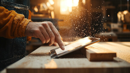person using tablet in sunlit workshop, surrounded by wood shavings and tools, showcasing creativity and craftsmanship