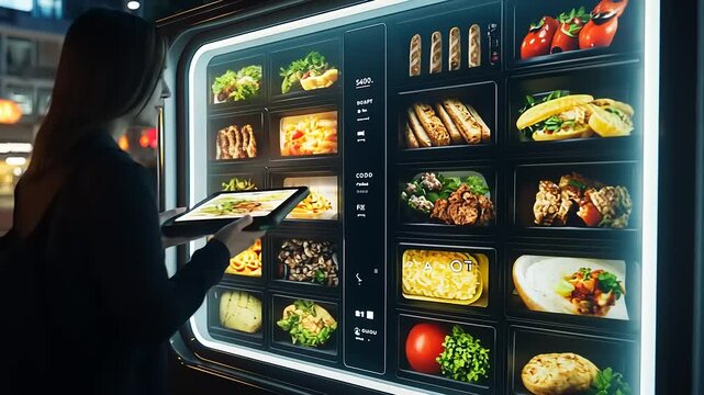 Woman using a digital vending machine at night, selecting food options illuminated in the city