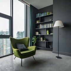 Dark grey modern living room interior with panoramic window furnished by green armchair, bookshelf and lamp. Copy space. Concrete floor. Home library concept.