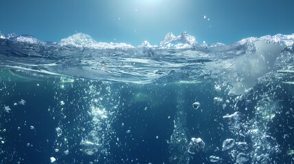 Sunlit Underwater Ocean Scene with Bubbles and Sunbeams Piercing the Surface

