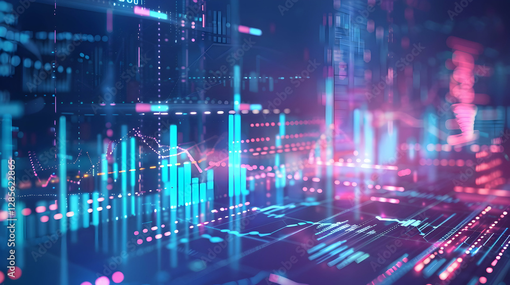 Poster abstract digital data visualization with vibrant colors and dynamic graphs illustrating trends