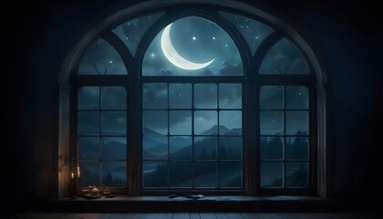 Fototapeta premium A large arched window overlooking a night sky with a crescent moon and stars, the window frame dark and ornate, creating a dramatic contrast with the serene, moonlit landscape outside