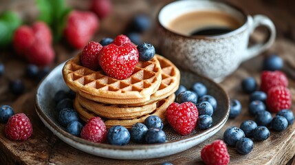 Heart waffles, berries, and coffee create a warm Mother's Day breakfast scene.