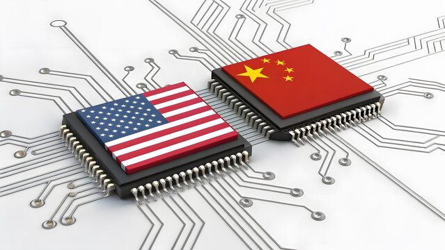 Microchips with American and Chinese Flags on Circuit Board Layout