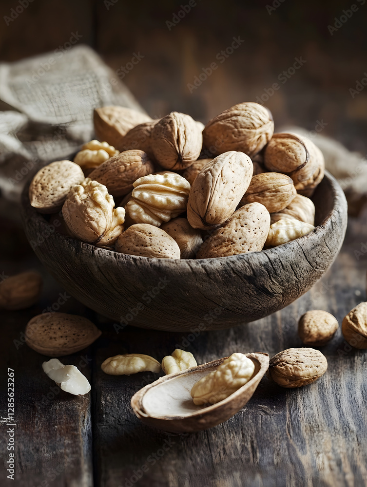 Aufkleber rustic wooden bowl overflowing with mixed nuts on brown table : generative ai