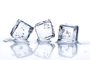 Obraz premium Three melting ice cubes on white background with reflection