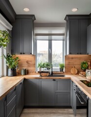 Gray kitchen with wooden countertops