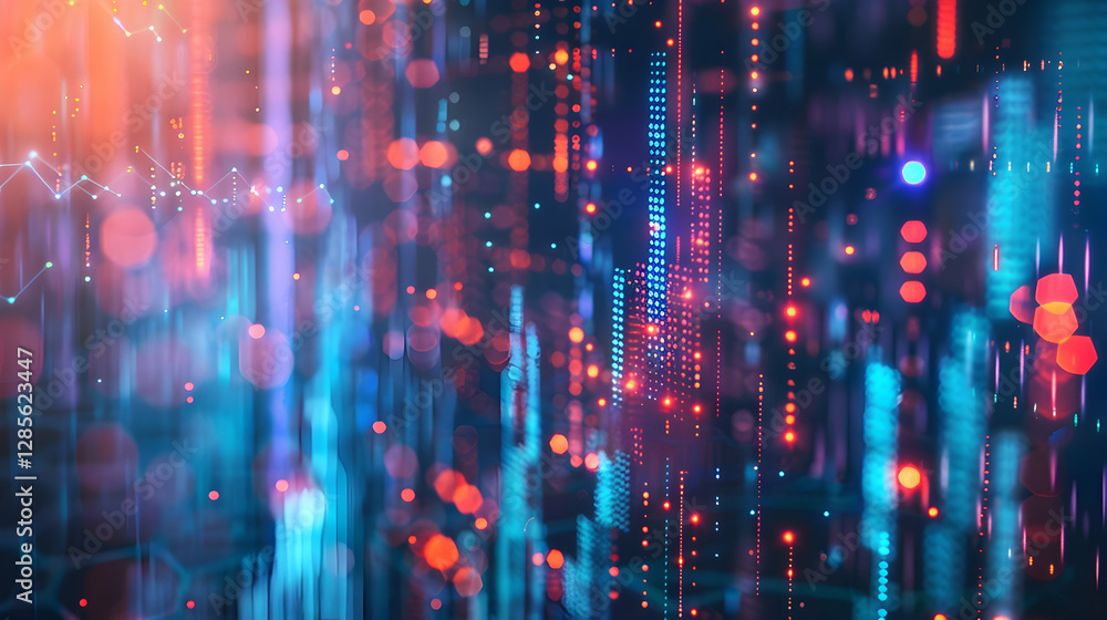 Poster abstract digital data visualization with colorful light patterns and flowing lines in a tech environ