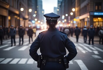 Female police officer standing on a busy city street at night, with blurred lights and people in the background