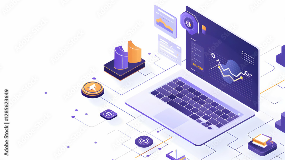Poster modern laptop displaying data analytics with graphs and icons in a tech-inspired environment