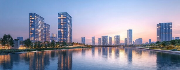 Obraz premium Modern skyline reflecting in tranquil water.