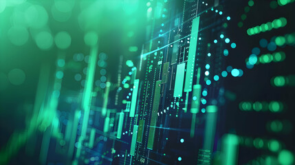 Naklejka premium Abstract digital financial chart with green glowing data points and lines against a dark background