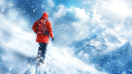 Climber ascends snowy mountain peak
