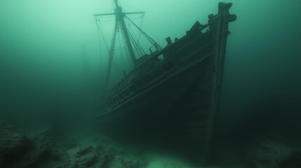 Schooner Ship Vintage view of a sailing ship, a sunken ship. Grand view of an old sailing ship from the times of pirates and the Middle Ages on the high seas in underwater, background