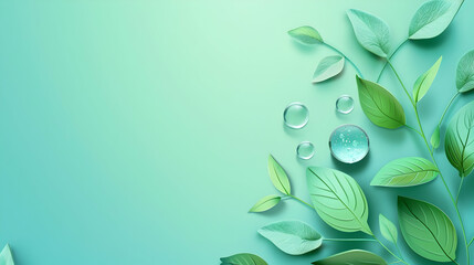 Lush green leaves with water droplets on a soft teal background, perfect for nature-themed designs