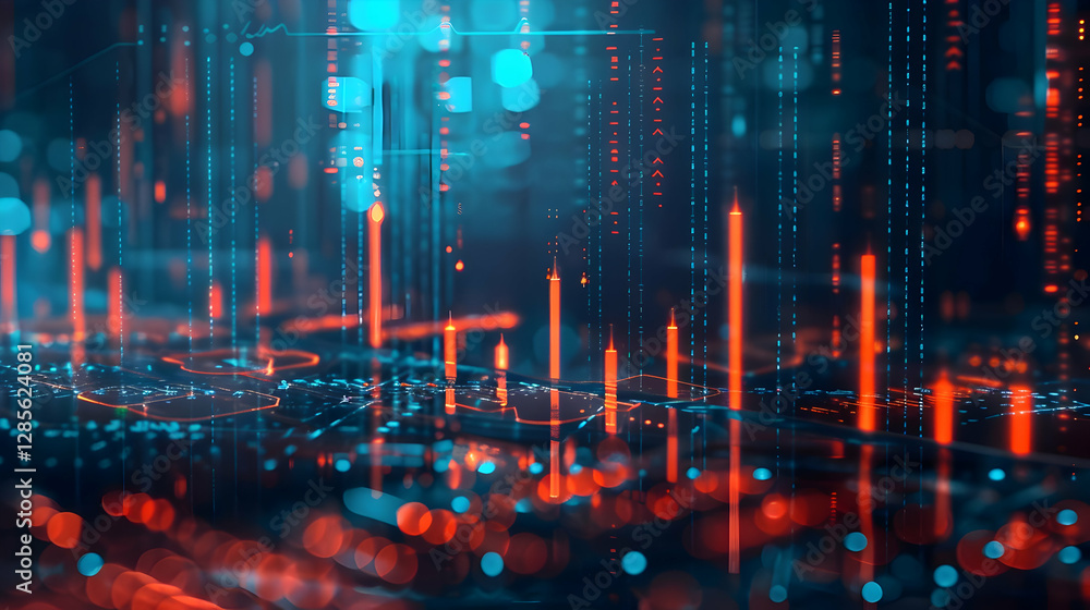 Poster abstract digital data visualization with glowing lines and dots representing financial trends