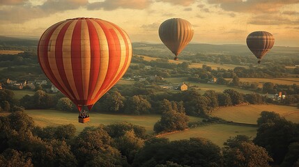 Obraz premium Hot air balloons float over a rural landscape with a vintage filter applied.