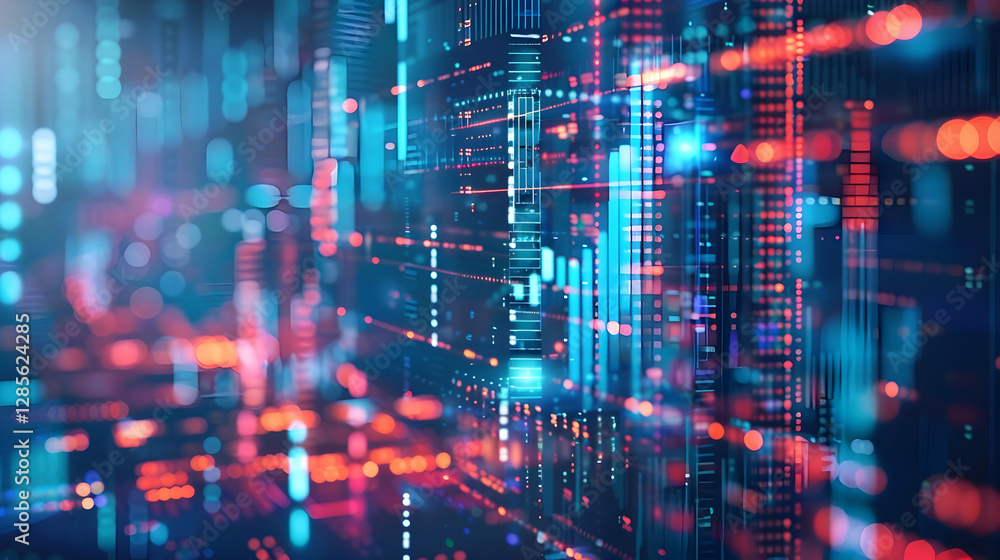 Poster abstract digital data visualization with vibrant colors representing technology trends and analytics